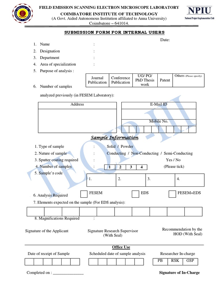 FESEM Analysis Submission Form | PDF | Scanning Electron Microscope ...