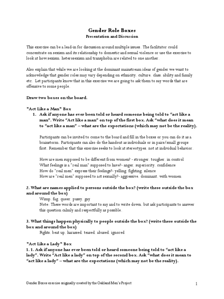 Gender Role Boxes Exercise Overview | PDF | Sexism | Gender Role