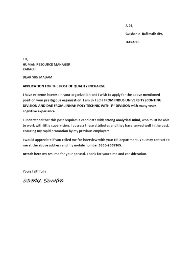 Application for Quality Incharge Position at Karachi Company | PDF