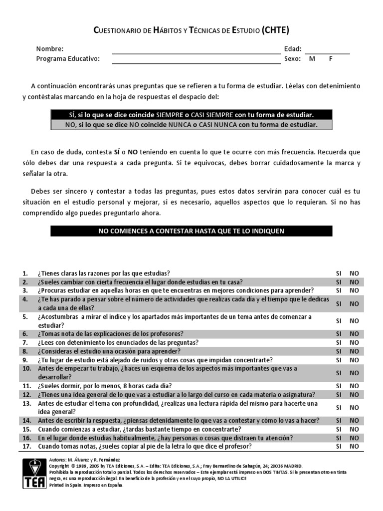 Cuestionario.C H T E Habitos de Estudio PDF | PDF | Cuestionario ...