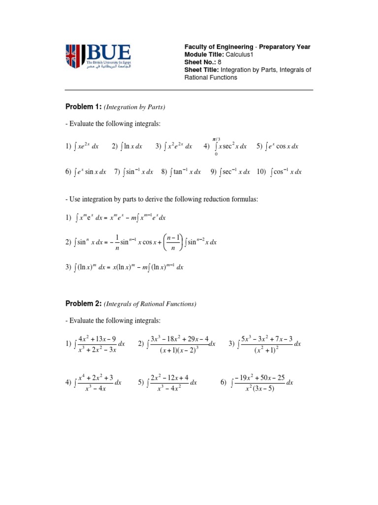 Sheet 8 Integrationbyparts Integrals Rationalfunctions | PDF | Teaching ...