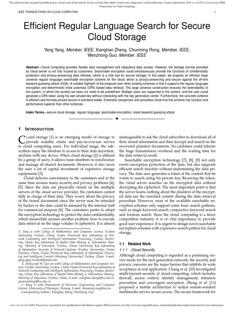 Efficient Regular Language Search For Secure Cloud Storage | PDF ...