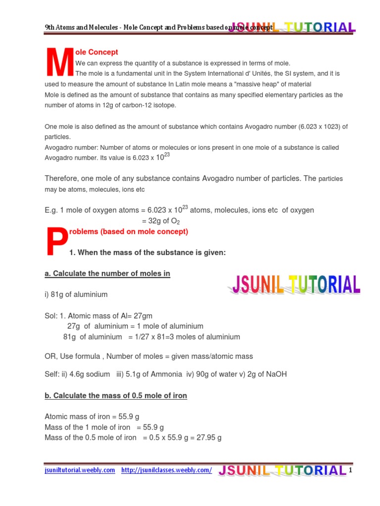 Mole Concept Problems for Class 9 | PDF | Mole (Unit) | Molecules