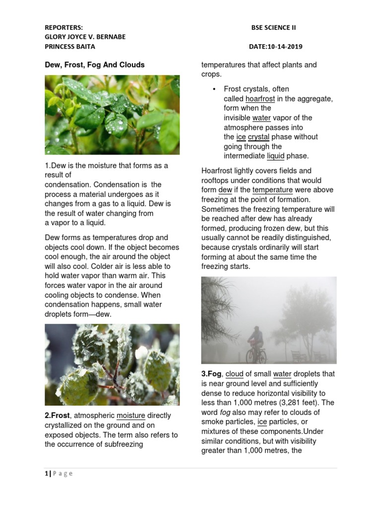 Dew, Fog, Frost CloudMeteorology PDF Frost Cloud