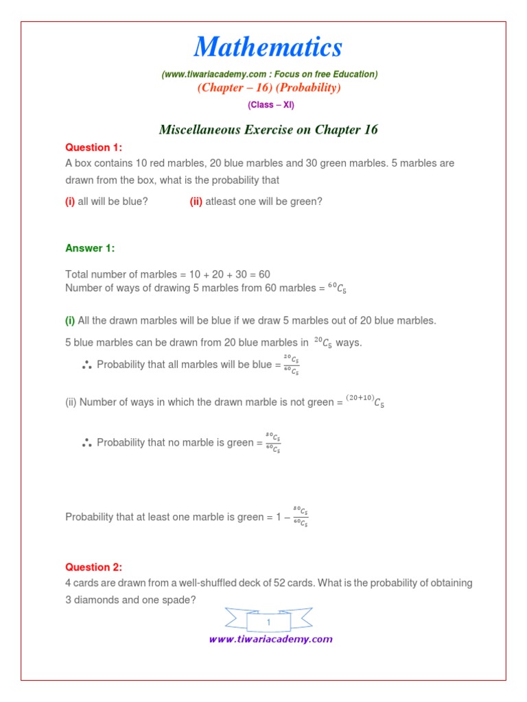 Class 11 Probability Miscellaneous Exercises | PDF | Numbers | Teaching ...
