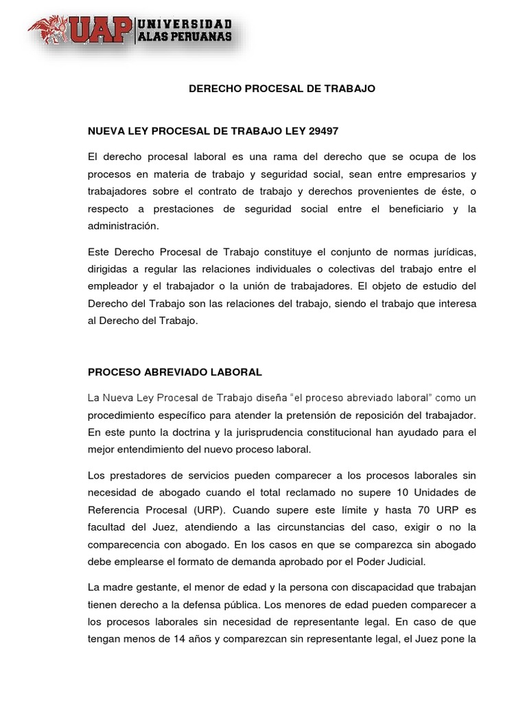 Proceso Abreviado en Ley 29497 Laboral | PDF | Ley procesal | Derecho ...