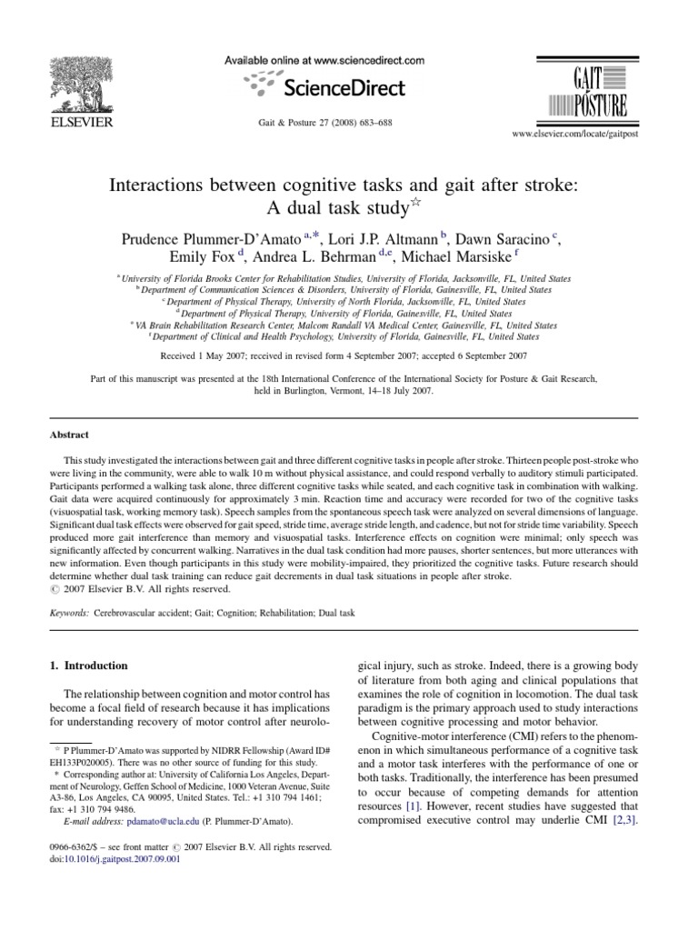 Interactions Between Cognitive Tasks and Gait After Stroke: A Dual Task ...