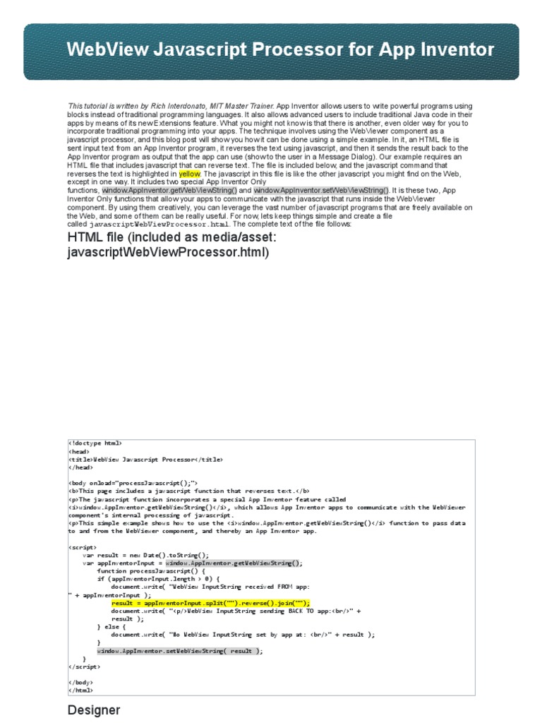 WebView Javascript Processor For App Inventor | PDF | Java Script ...