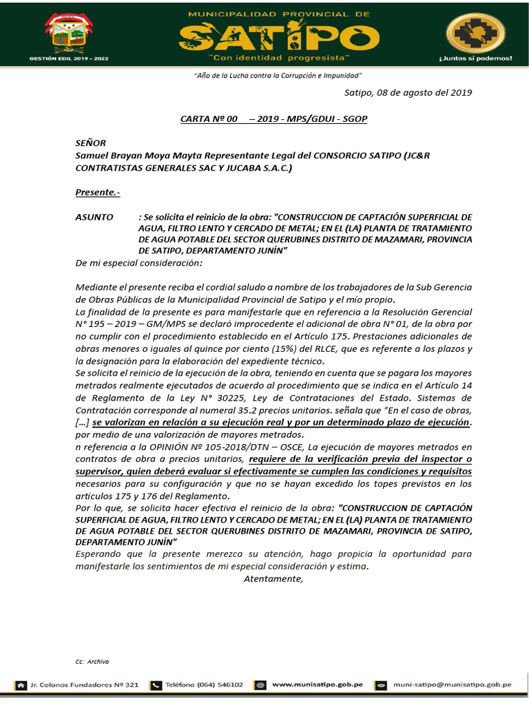 Carta Para Reinicio De Obra Pdf Gobierno