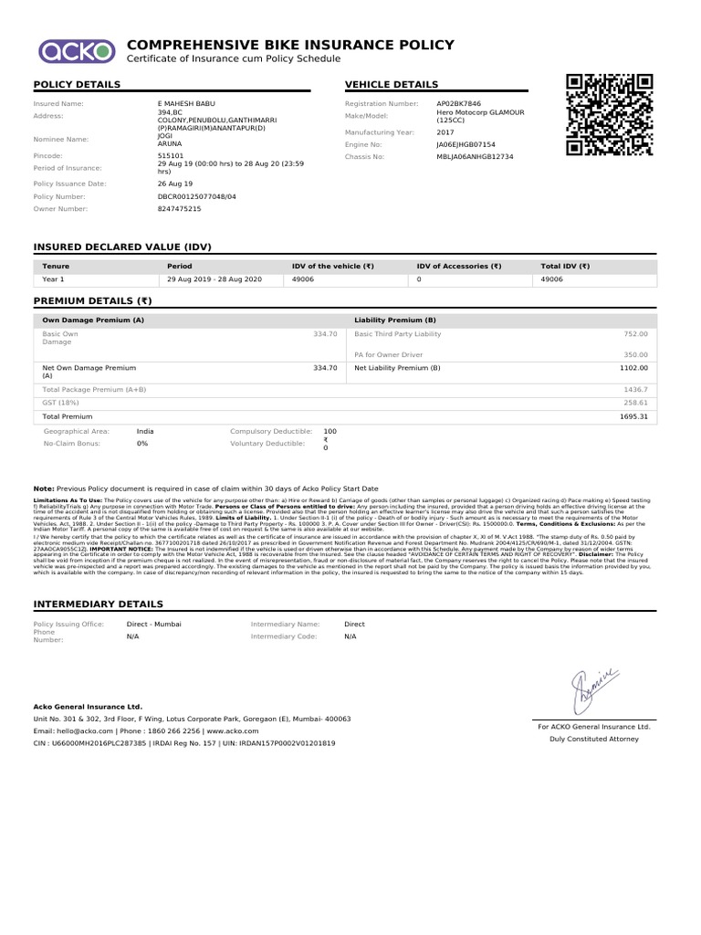 Acko Bike Insurance | Download Free PDF | Liability Insurance ...