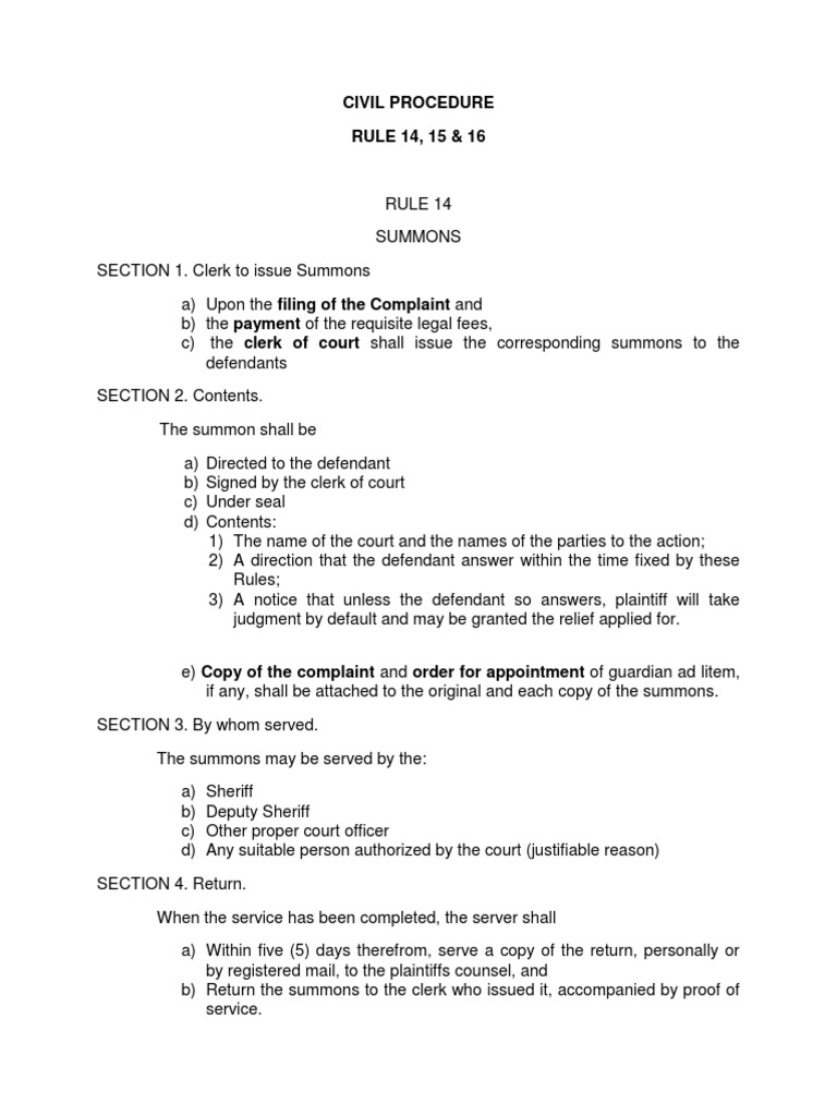 Civil Procedure: Rules 14-16 Summary | PDF | Service Of Process | Summons