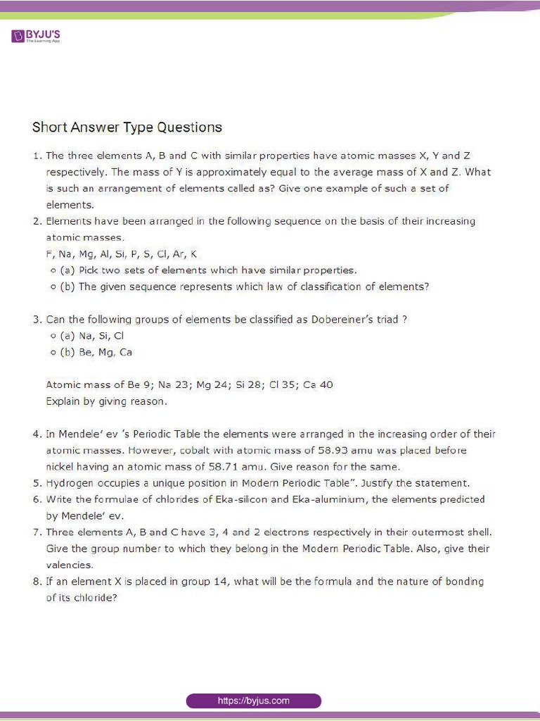 Important Questions For Class 10 Science Chapter 5 Periodic ...