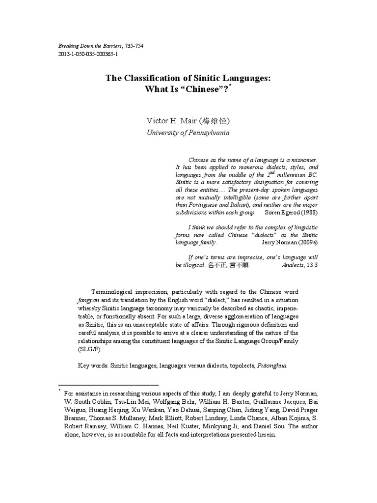 Classification of Sinitic Languages | PDF | Standard Chinese ...