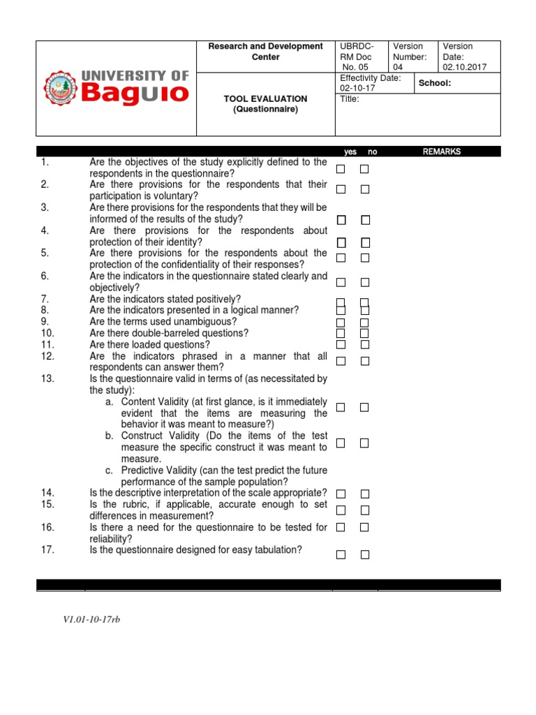 Form Tool Evaluation (Questionnaire) | PDF | Validity (Statistics ...