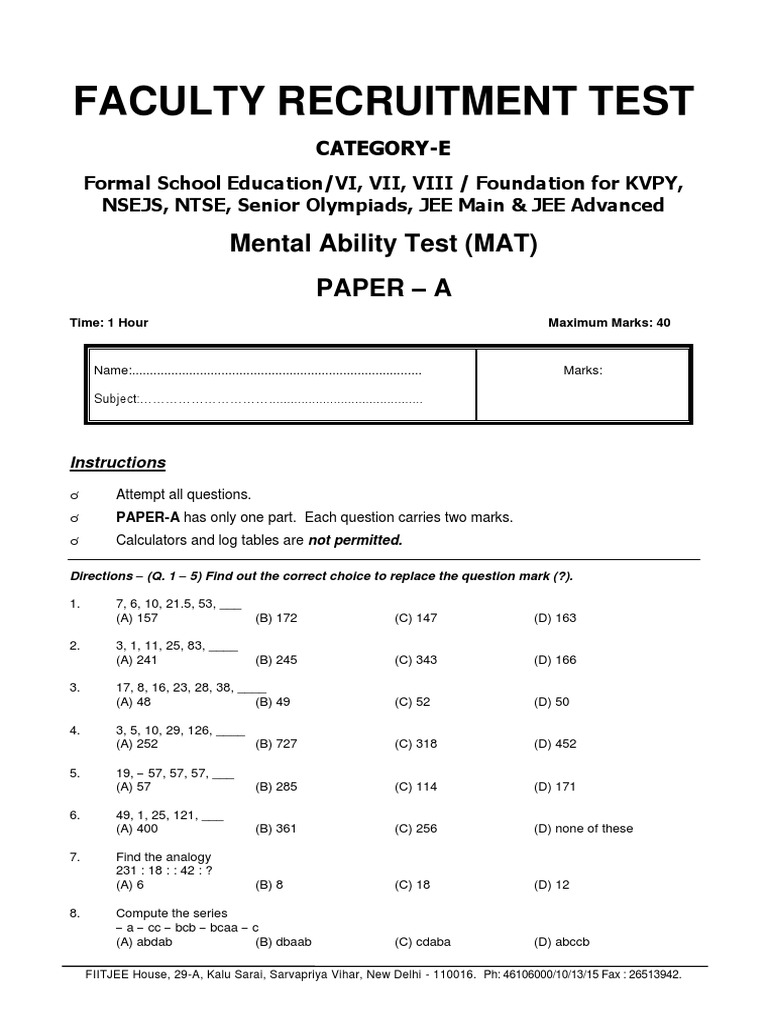 Cat-E Mental Ability Test Paper A | PDF | Standardized Tests 