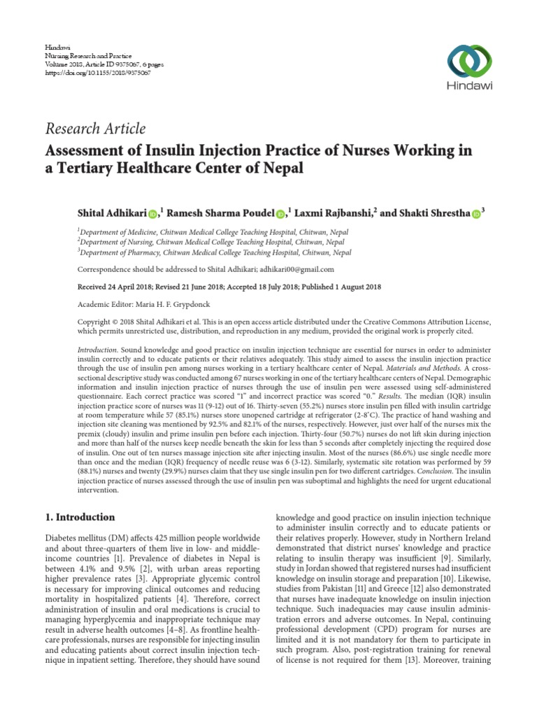 Assessment of Insulin Injection Practice of Nurses Working in | PDF ...