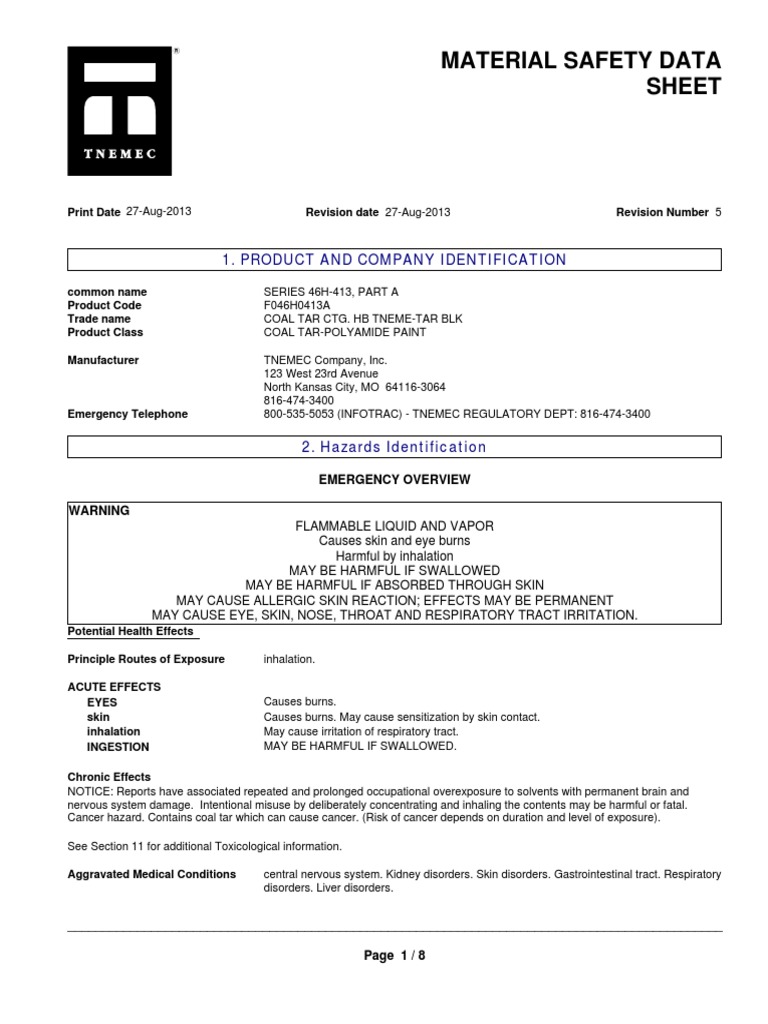 Tnemec (MSDS) Series 46h413 PDF Volatile Organic Compound Benzene