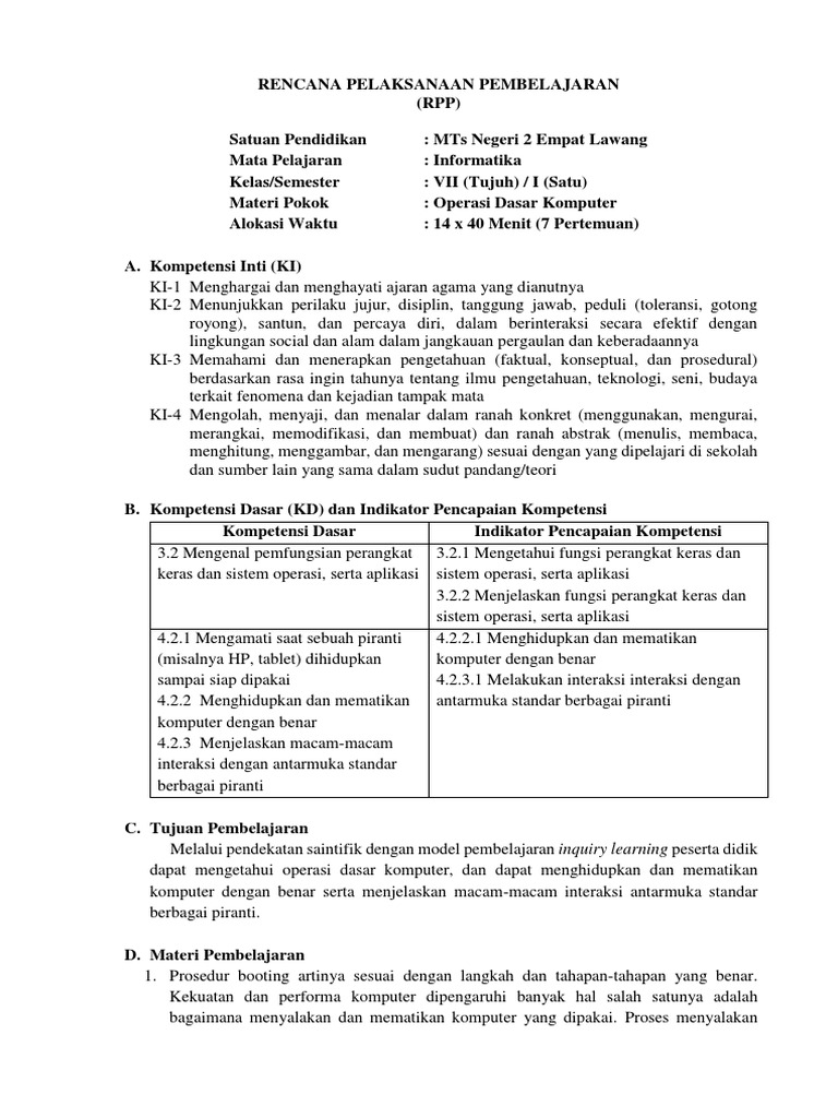 RPP Informatika Kelas 7: Operasi Dasar Komputer | PDF | Karier ...