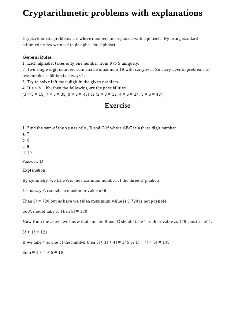 Cryptarithmetic Problems With Explanations: Exercise | PDF | Numbers ...