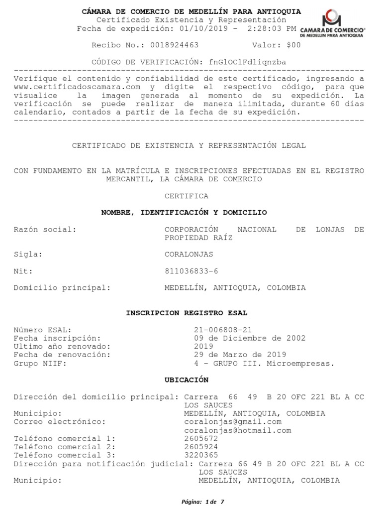 Certificado Camara de Comercio Octubre 2019 | PDF | Corporaciones ...