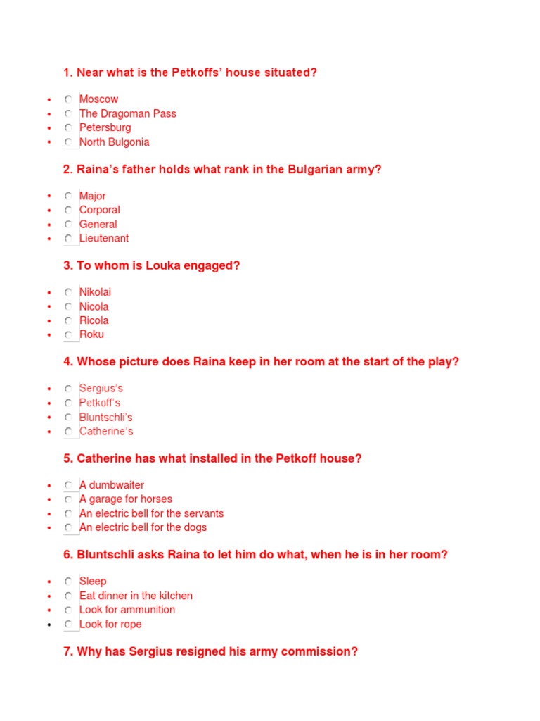 Arms and The Man MCQ PDF