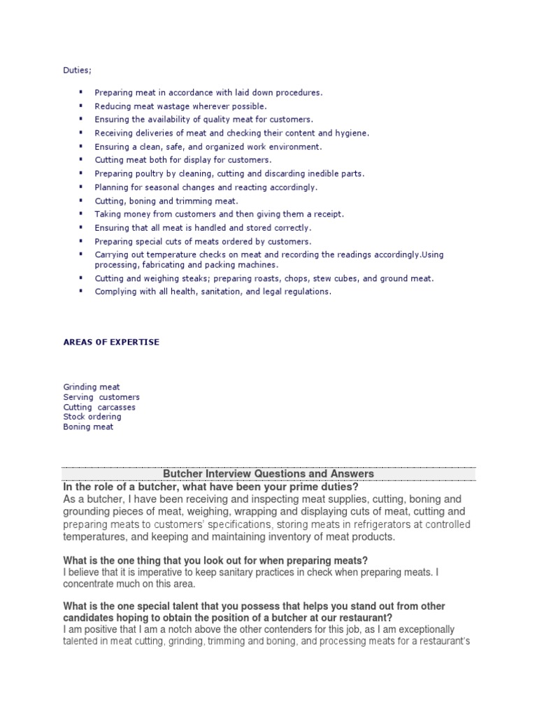 Butcher Interview Questions and Answers in The Role of A Butcher, What