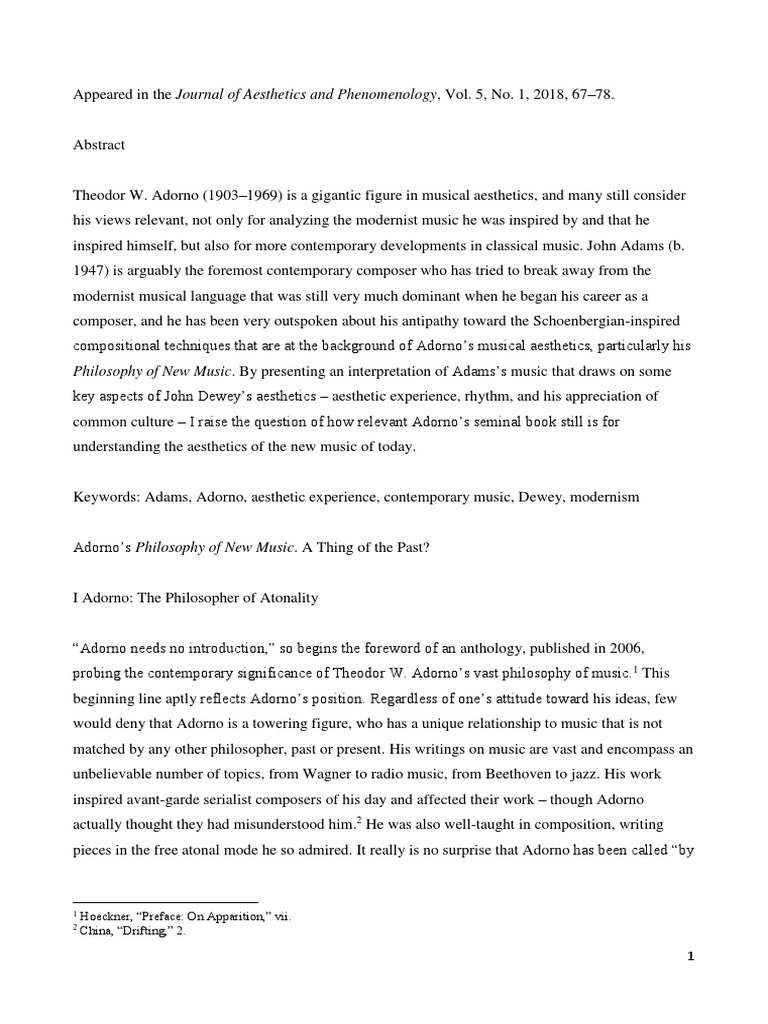 Adornos Philosophy of New Music A Thing of The Past PDF Download Free