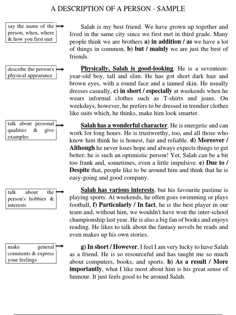 A Description Of A Person Sample say the name of the person, when, where & how you first met