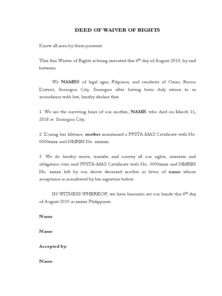 Deed of Waiver of Rights Template | PDF