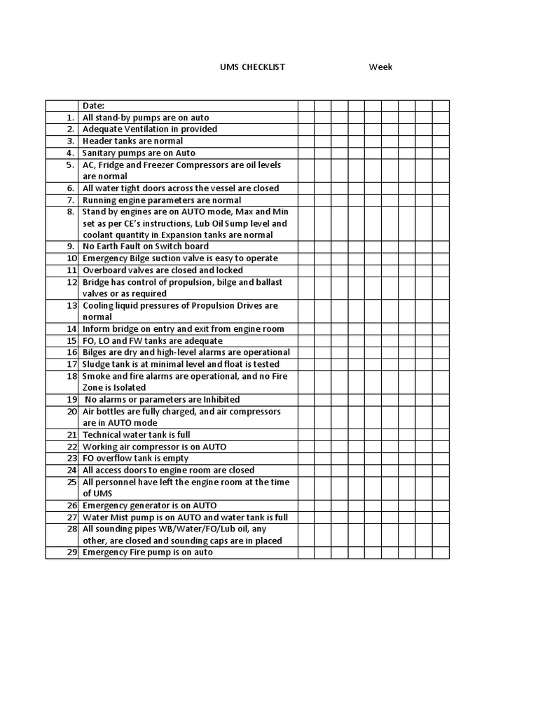 UMS Engine Room Checklist | PDF | Home & Garden | Technology & Engineering