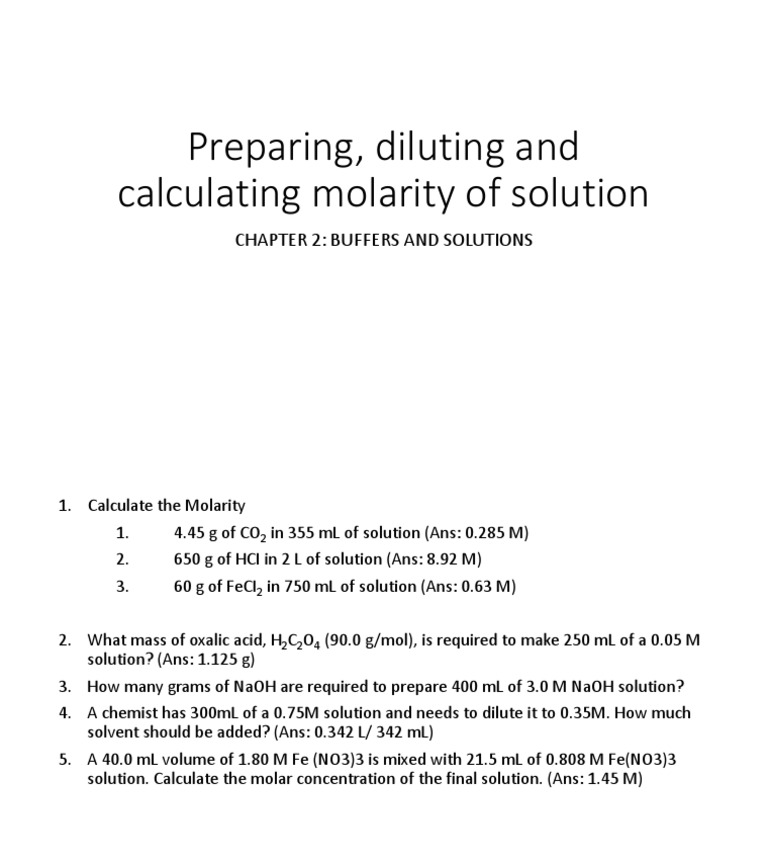 Preparing, Diluting and Calculating Molarity of Solution Chapter 2