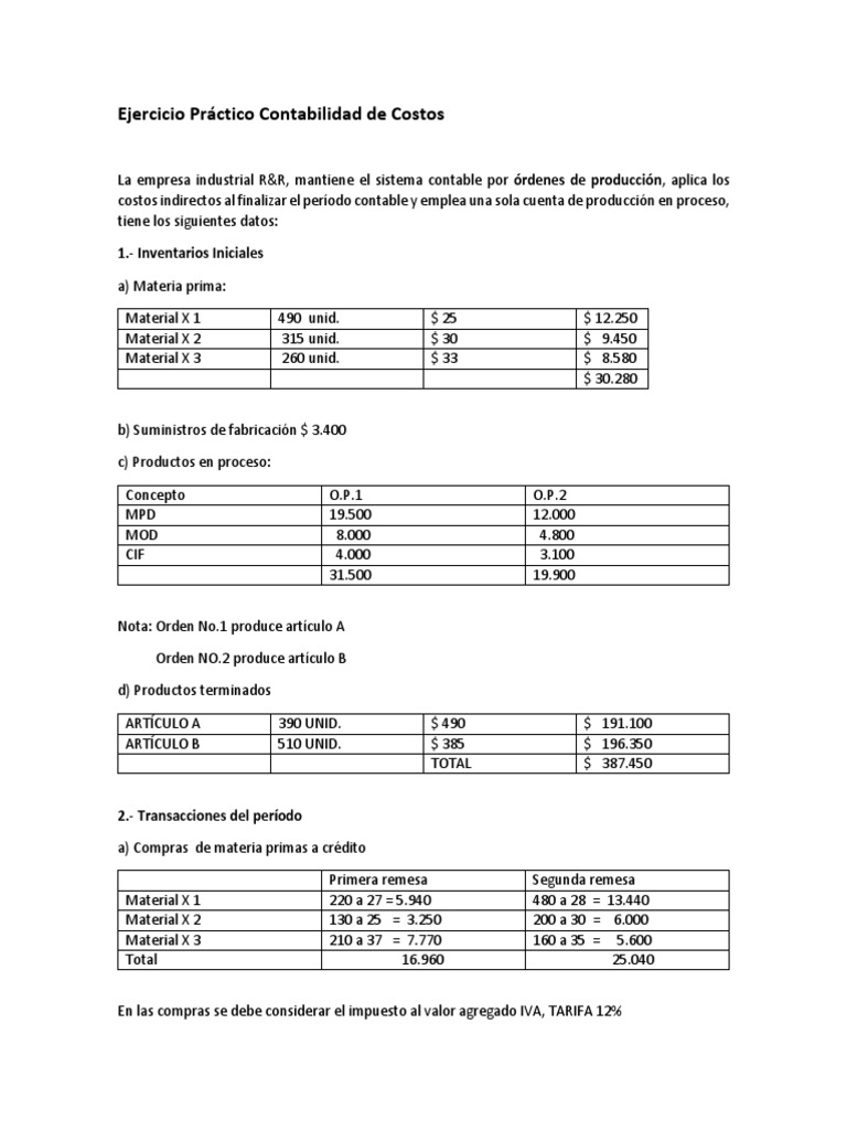 Ejercicio Práctico Contabilidad De Costos 1 Inventarios Iniciales