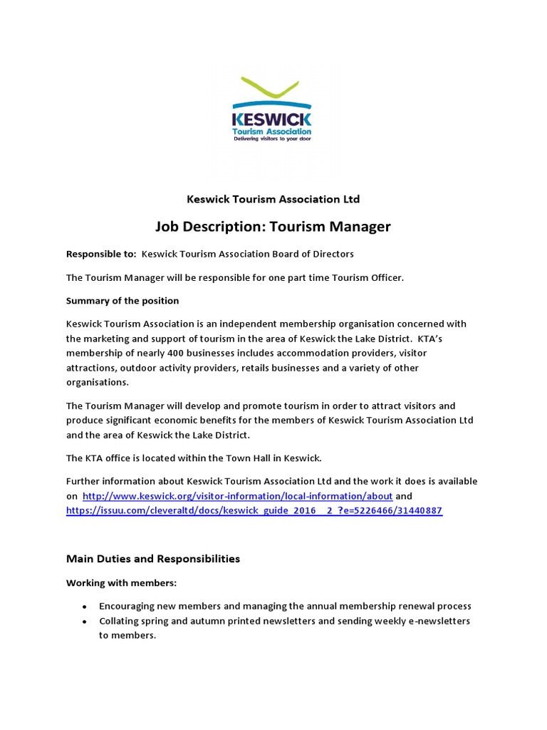 Tourism Manager Job Description v.5 PDF Tourism Public Relations