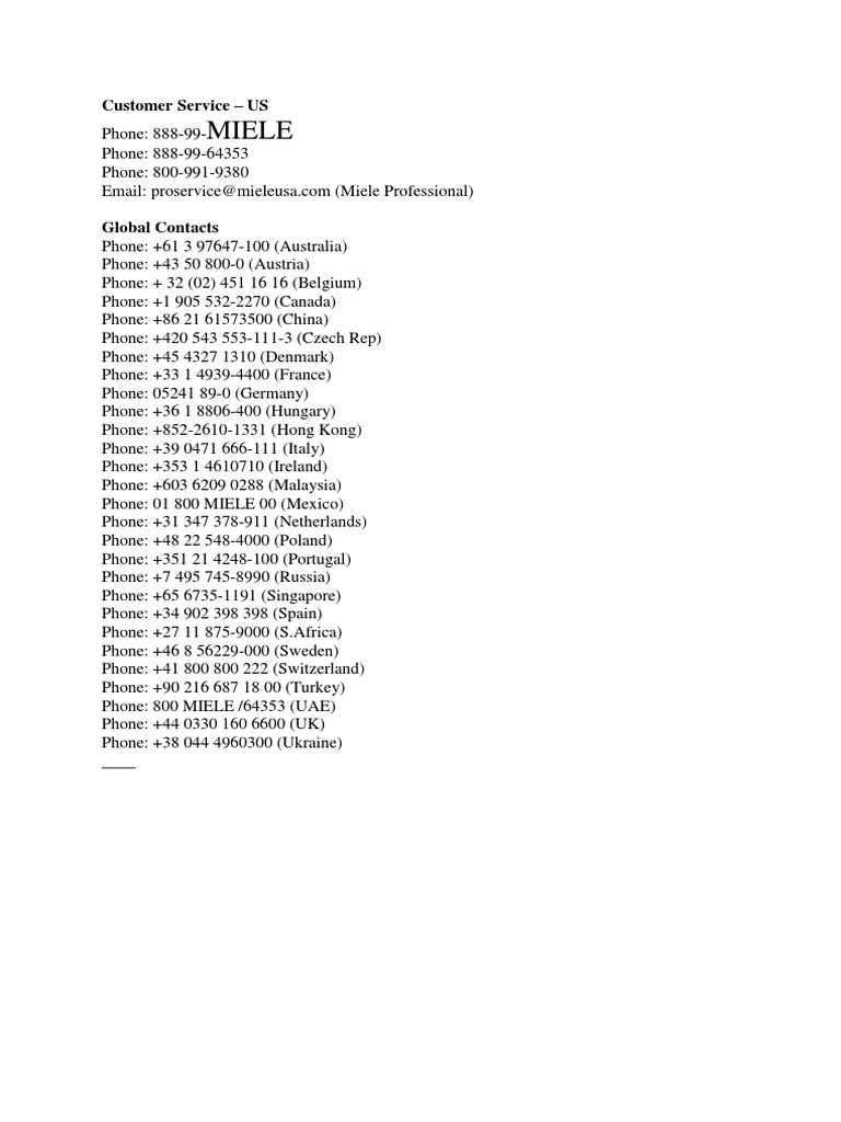 Miele Customer Service US PDF