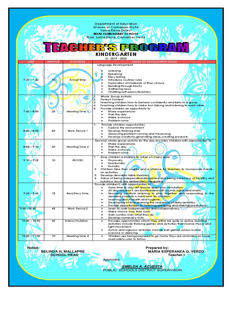 Kindergarten Daily Schedule 2019-2020 | PDF | Neuropsychological ...