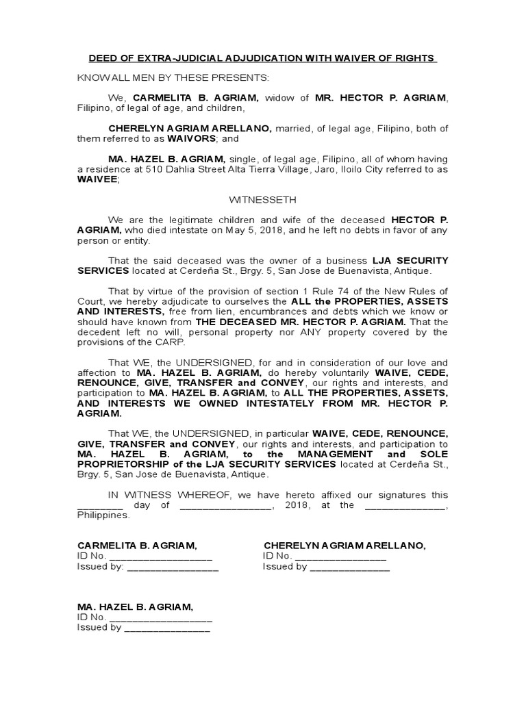 Deed of Adjudication | PDF | Civil Law (Legal System) | Law And Economics
