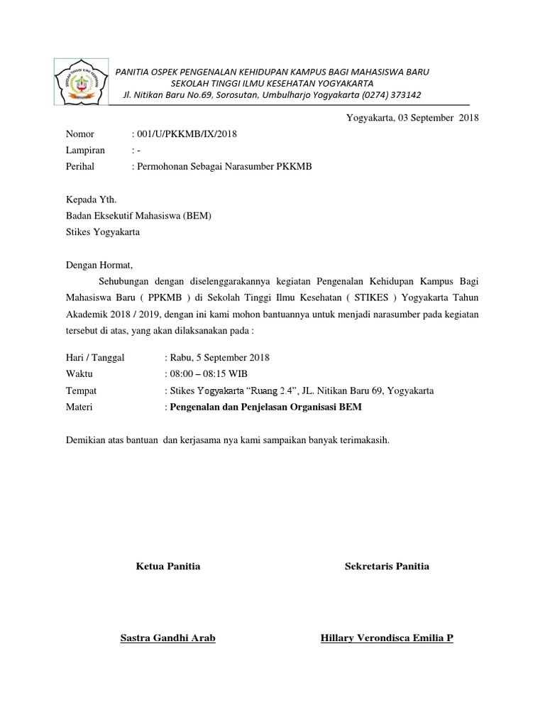 Contoh Surat Undangan Pemateri Pkkmb
