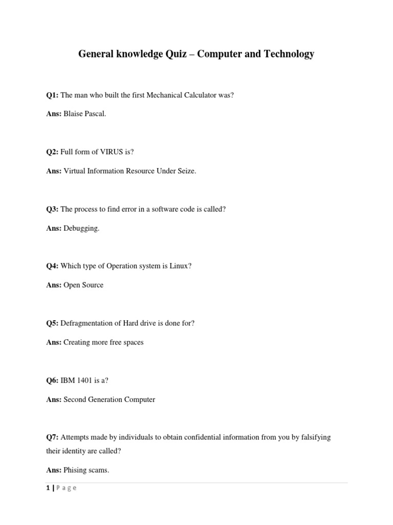 General Knowledge Quiz | PDF | Games & Activities | Computers