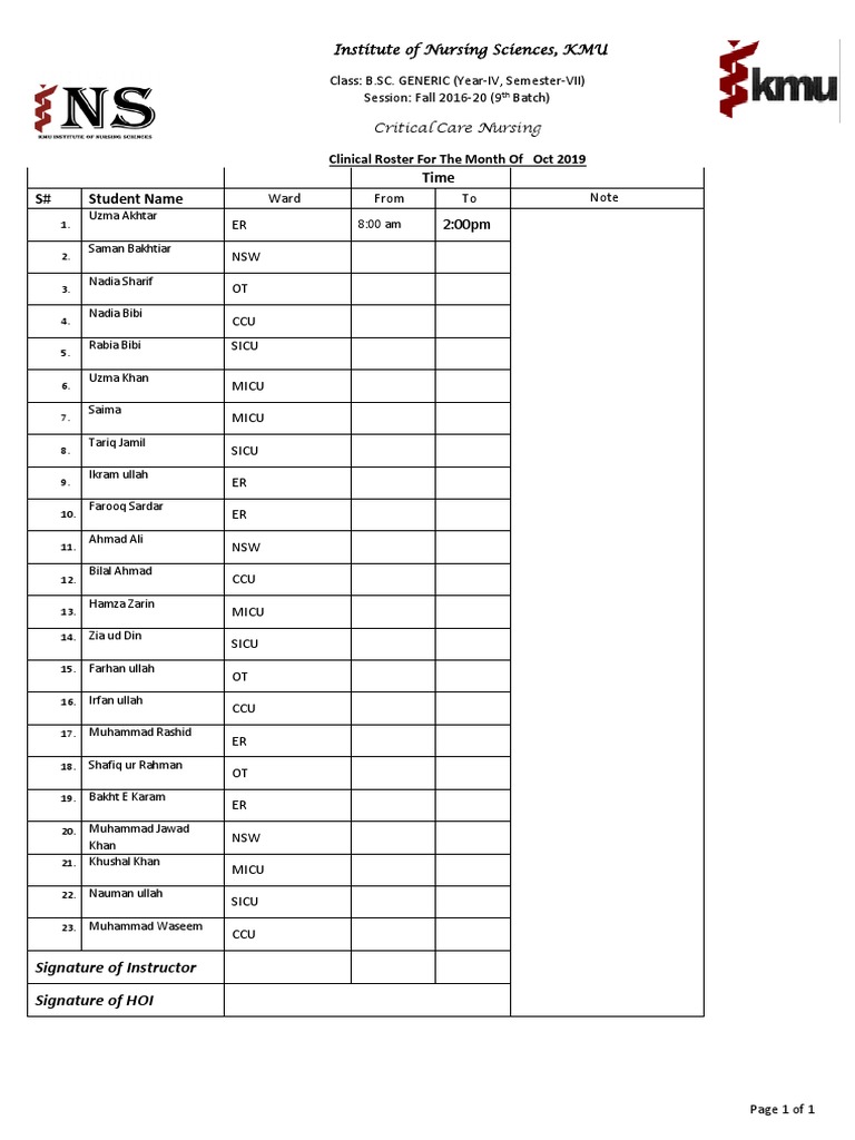 Time S# Student Name: Clinical Roster For The Month of Oct 2019 | PDF