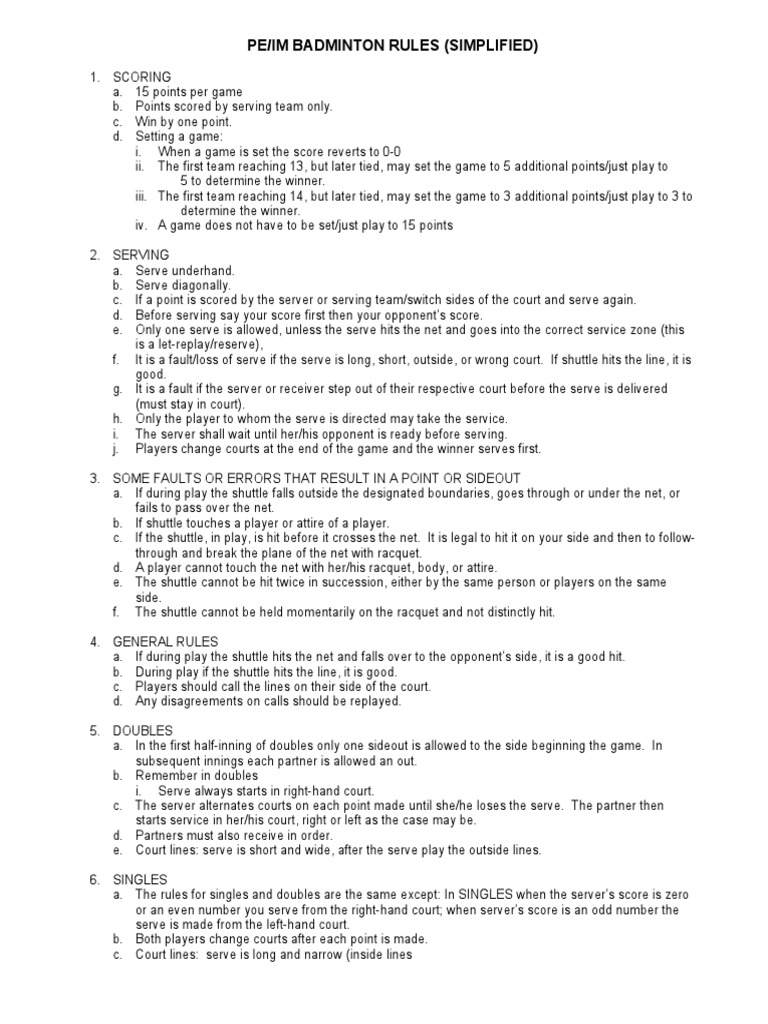 Pe/Im Badminton Rules (Simplified) | PDF | Games Of Physical Skill ...