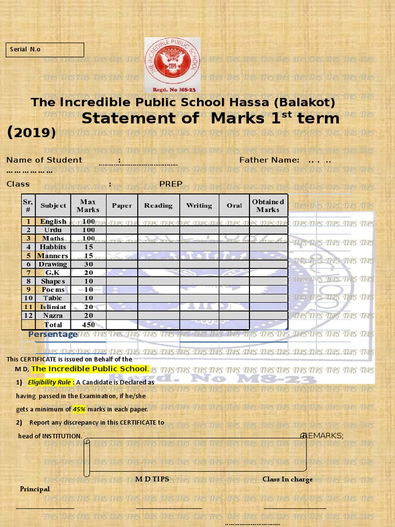 Marks Certificate for Prep Class in Nepal | PDF