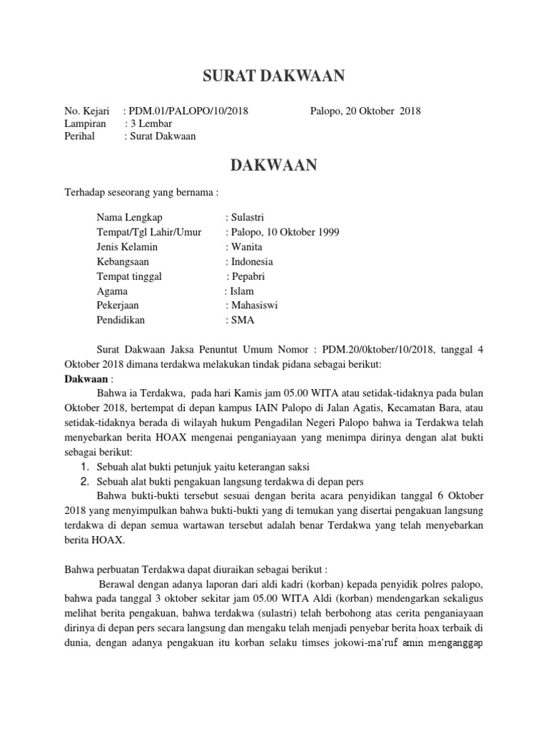 Contoh Surat Dakwaan Dalam Kasus Pidana Contoh Surat Surat Terbaru