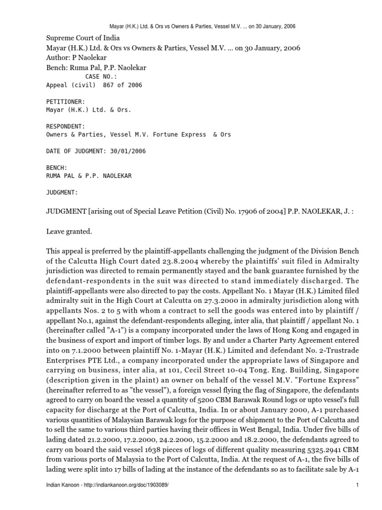 Mayar H K Ltd Ors Vs Owners Parties Vessel M V On 30 January 06 Lawsuit Bill Of Lading
