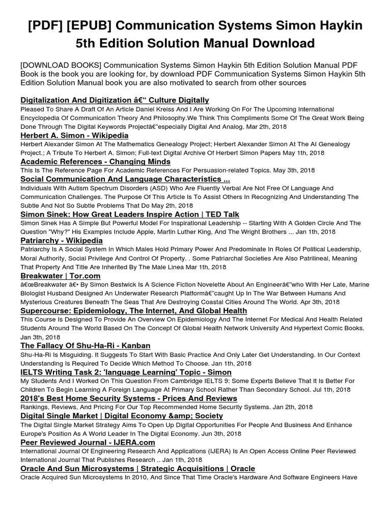 Communication Systems Simon Haykin 5th Edition Solution Manual PDF