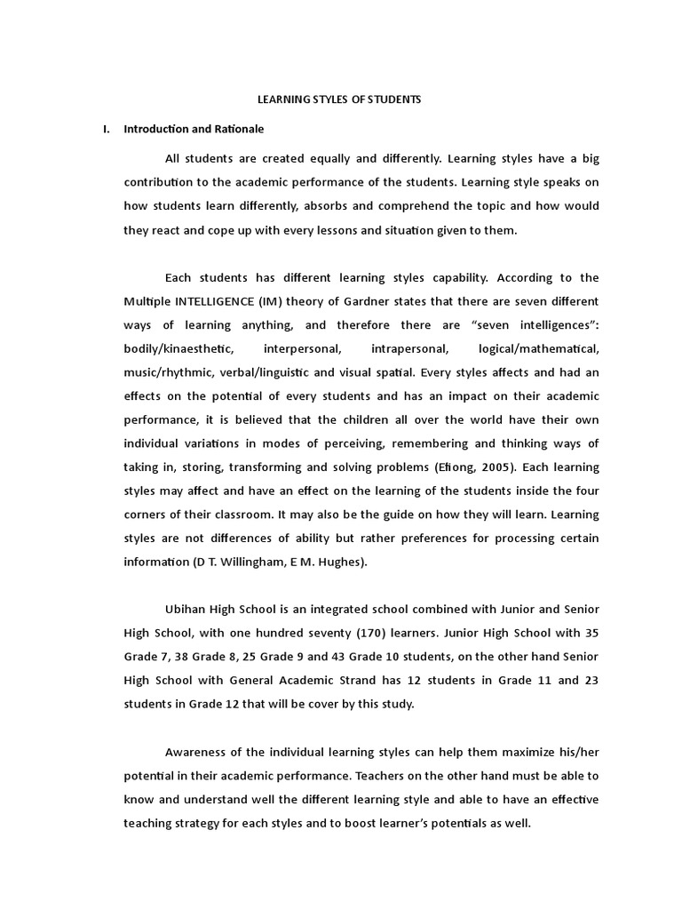 I. Introduction and Rationale: Learning Styles of Students | PDF ...