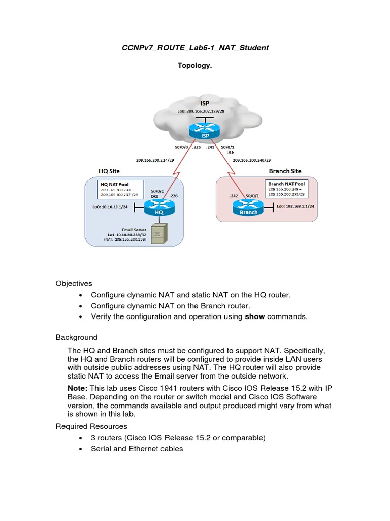 CCNPv7 NAT Configuration Lab Guide | PDF | Ip Address | Router (Computing)