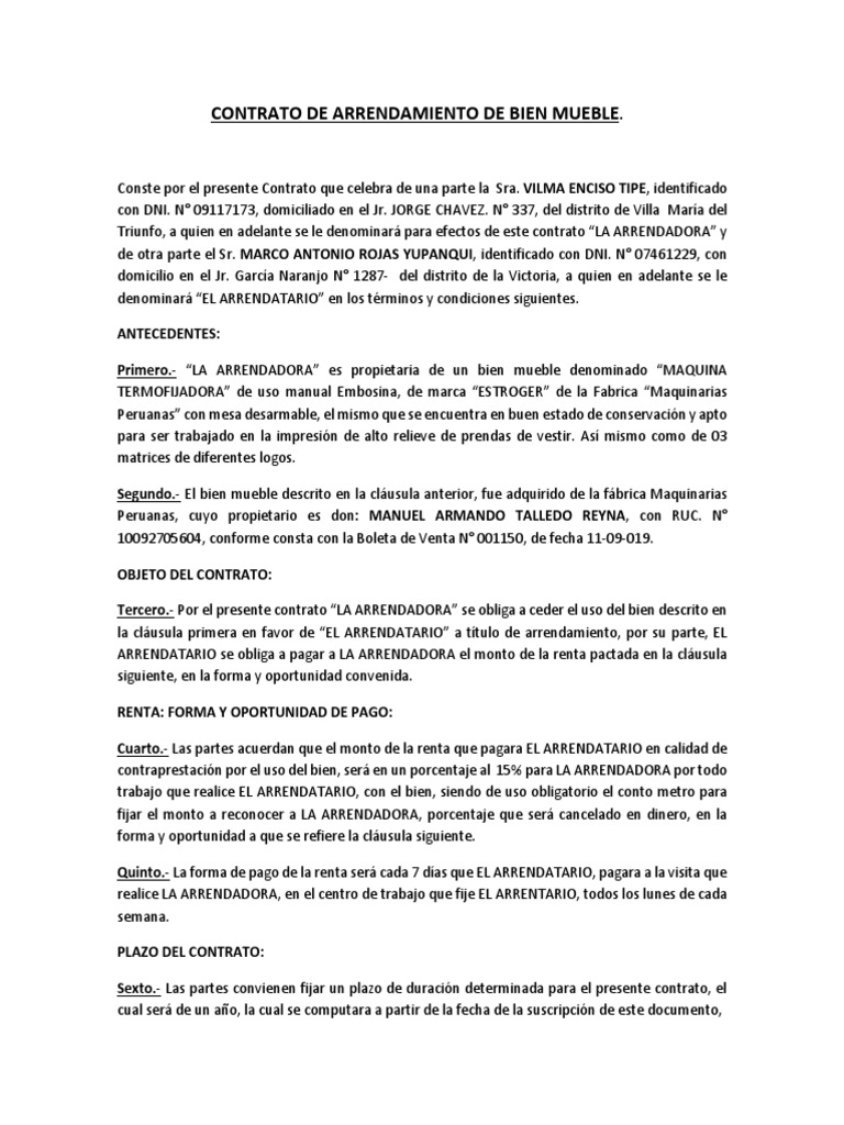 Contrato De Arrendamiento De Bien Mueble Alquiler