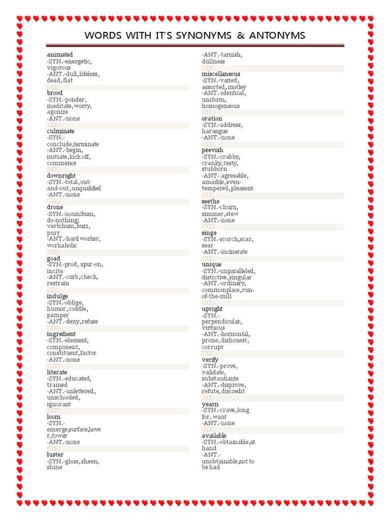 Synonyms and Antonyms List | PDF | Violence | Nature