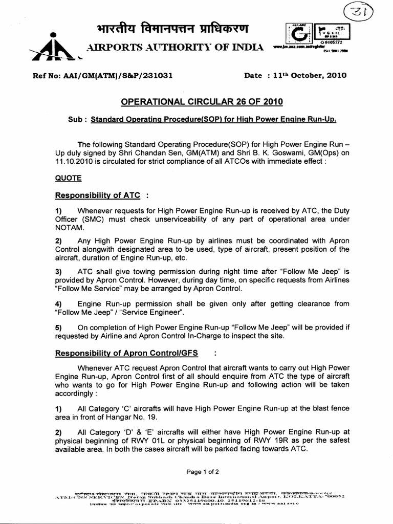 SOP For High Power Engine RunUp and OPS Circular PDF