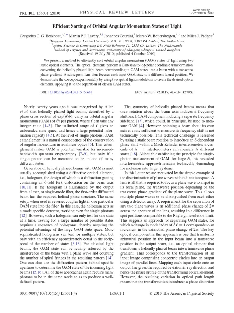Efficient Sorting of Orbital Angular Momentum States of Light | PDF ...